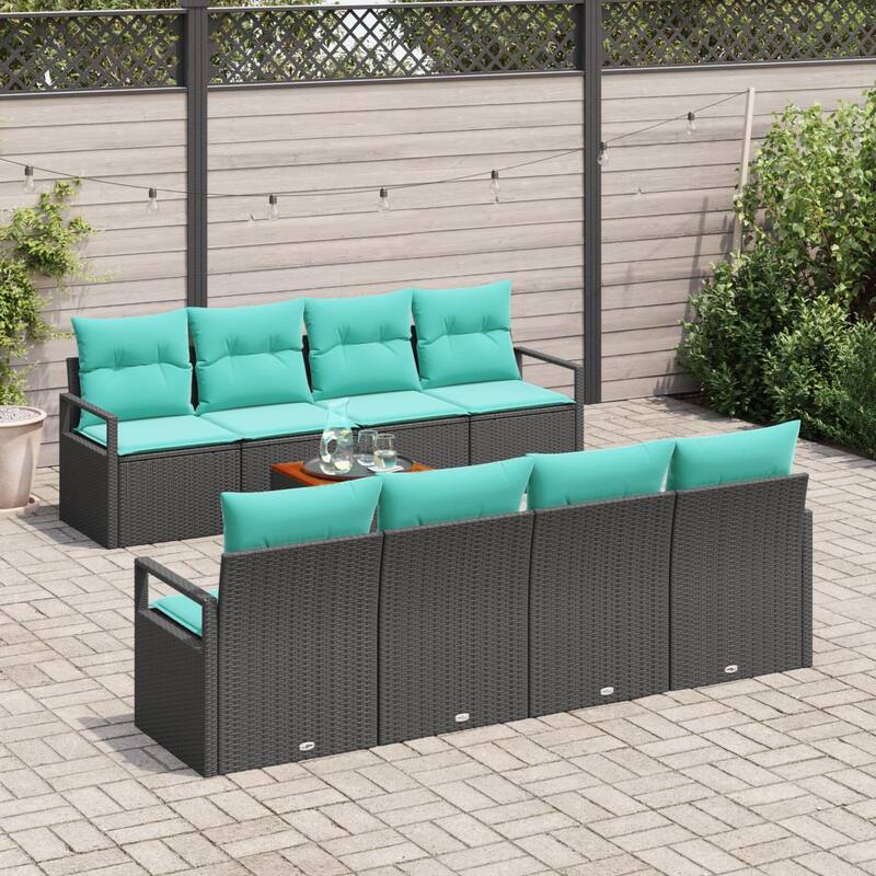 vidaXL 9 Piece Garden Sofa Set with Cushions Black Poly Rattan Acacia - 90.6×24.4×27.2
