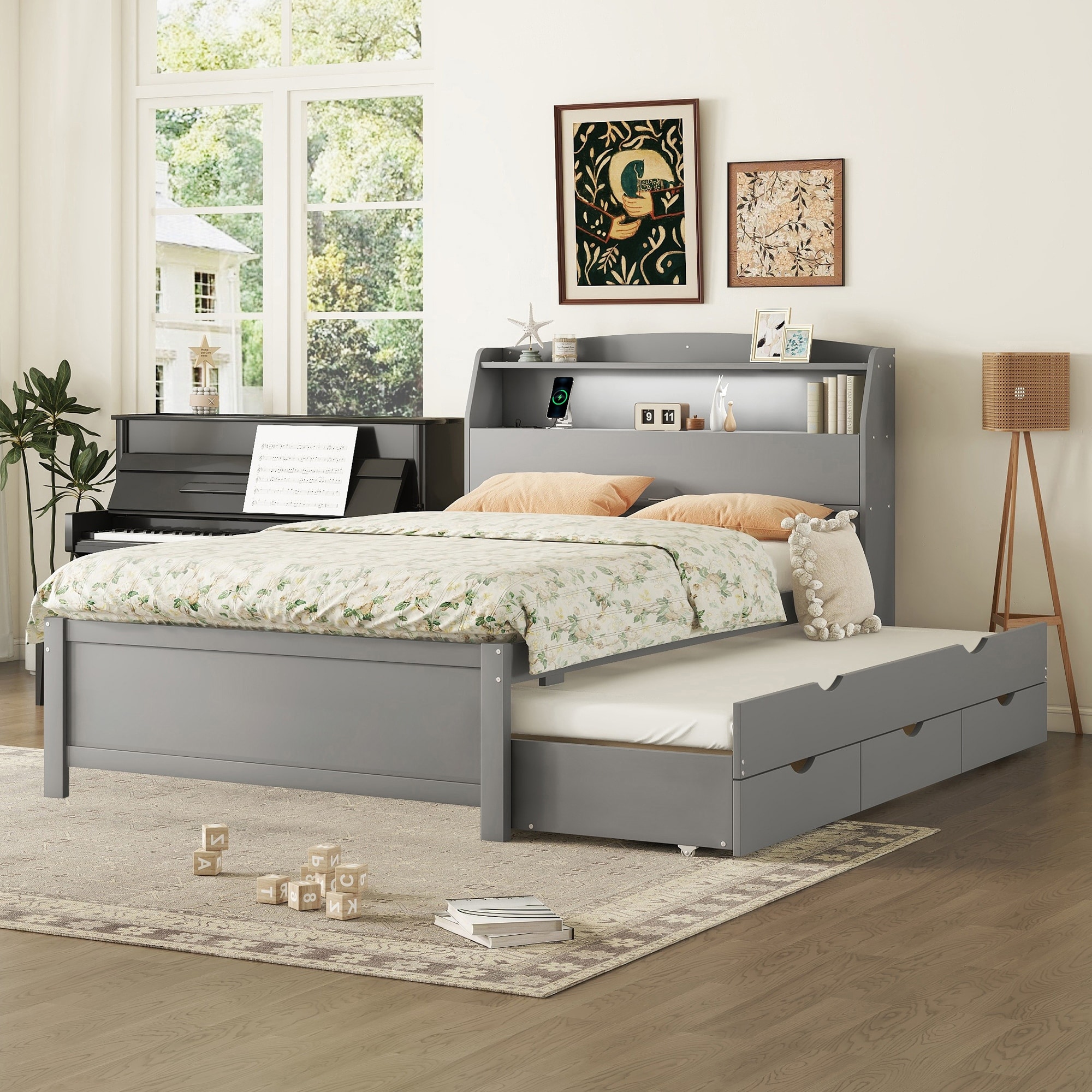 BADEL フード付きset upグレー Full Size Wooden LED Platform Bed with Trundle, Storage Headboard
