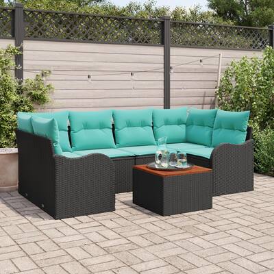vidaXL 7 Garden Sofa Set with Cushions Black Poly Rattan - 92.1 x 48.2 x 27.2