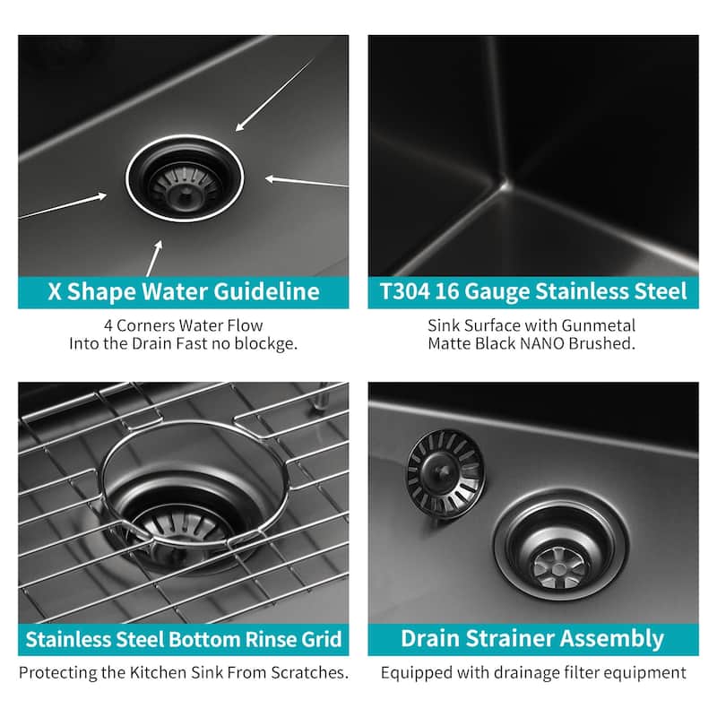 27 Inch Gunmetal Black Stainless Steel 16 gauge Kitchen Sink - 27 x 21