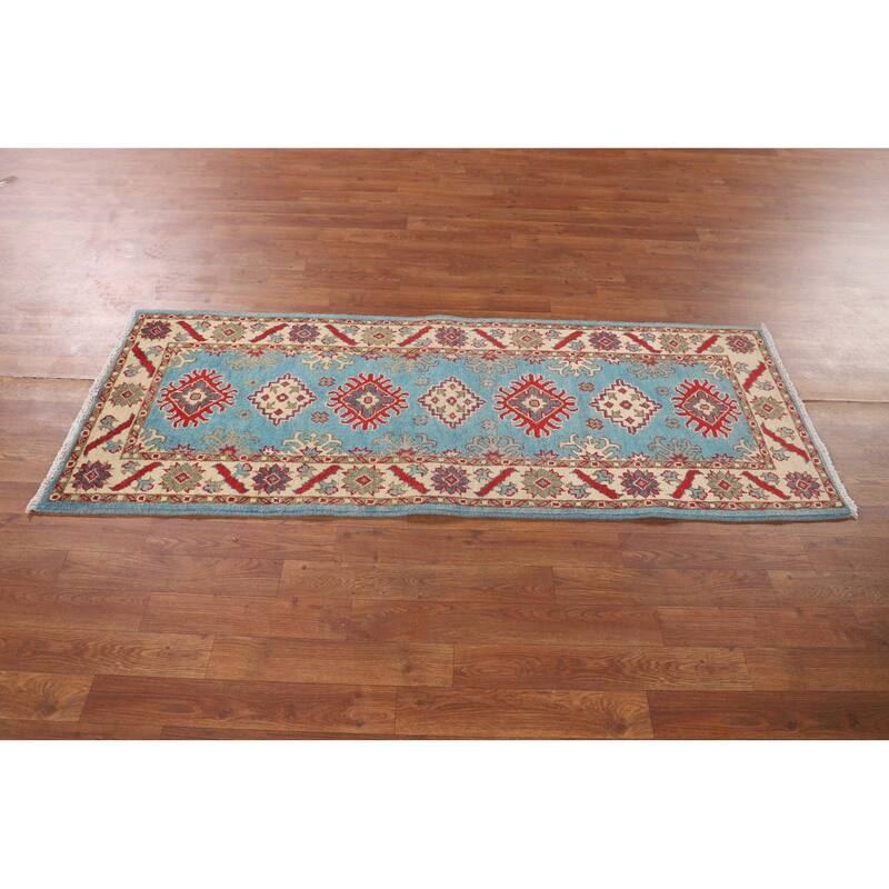 Light Blue Kazak Runner Rug Handmade Wool Carpet - 2'2" x 5'11"