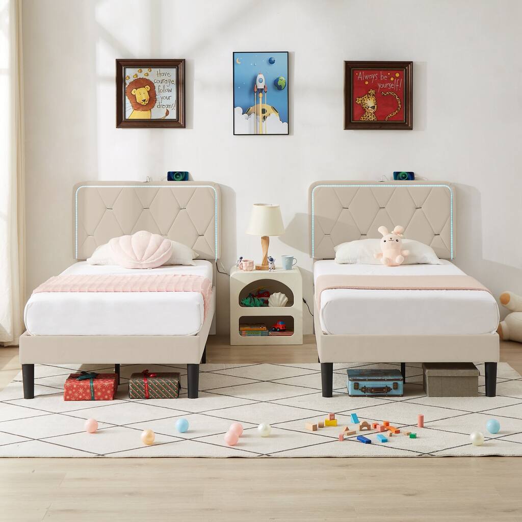 2 Pieces Twin Size Bed Frame with LED Light and Charging Station, Upholstered Platform Bed with Adjustable Height Headboard