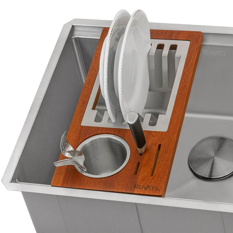 Ruvati Wood Dish Plate and Silverware Caddy Drying Rack for Workstation Sinks - RVA1542