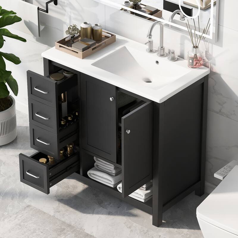 36" Bathroom Wood Storage Vanity Cabinet with Ceramic Sink, Open Shelf - Black