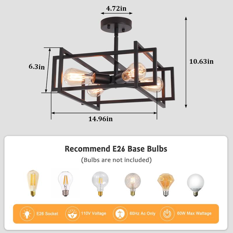 4-Light Semi-Flush Mount Light with Rustic Accent Square Cage for Living Room