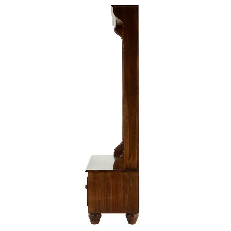 Brown Wood Large Tall Bench Storage 5 Hook and 2 Drawer Freestanding Coat Rack with Cream Clock