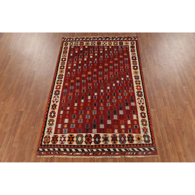 Vegetable Dye Tribal Kilim Qashqai Persian Vintage Wool Carpet - 5'9"x 9'7"