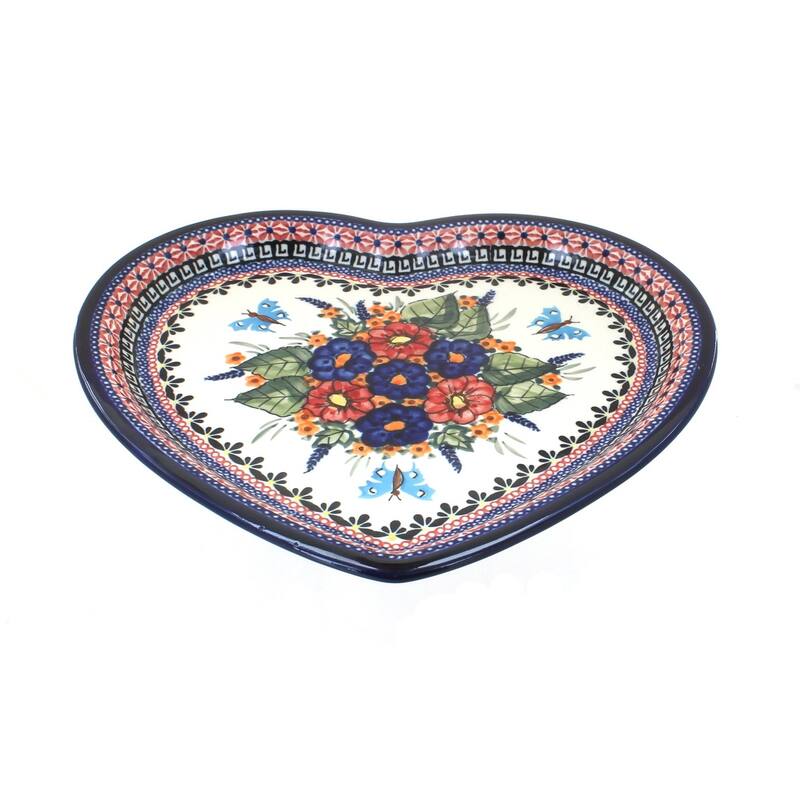 Blue Rose Polish Pottery 1254 Zaklady Heart Plate - Floral Butterfly