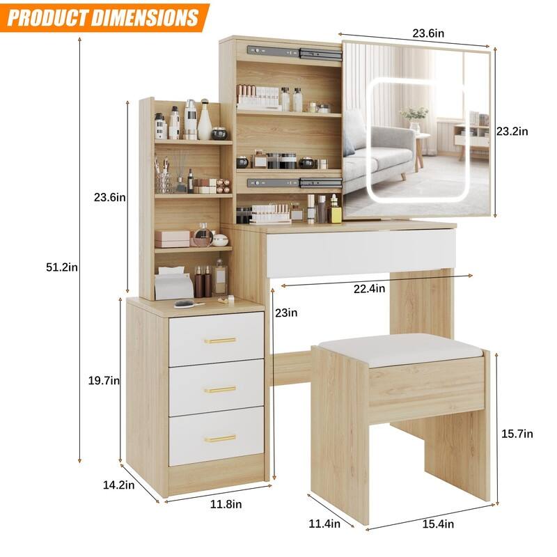 Vanity Desk with Sliding Mirror, Charging Station, 4 Drawers, Shelves, Stool
