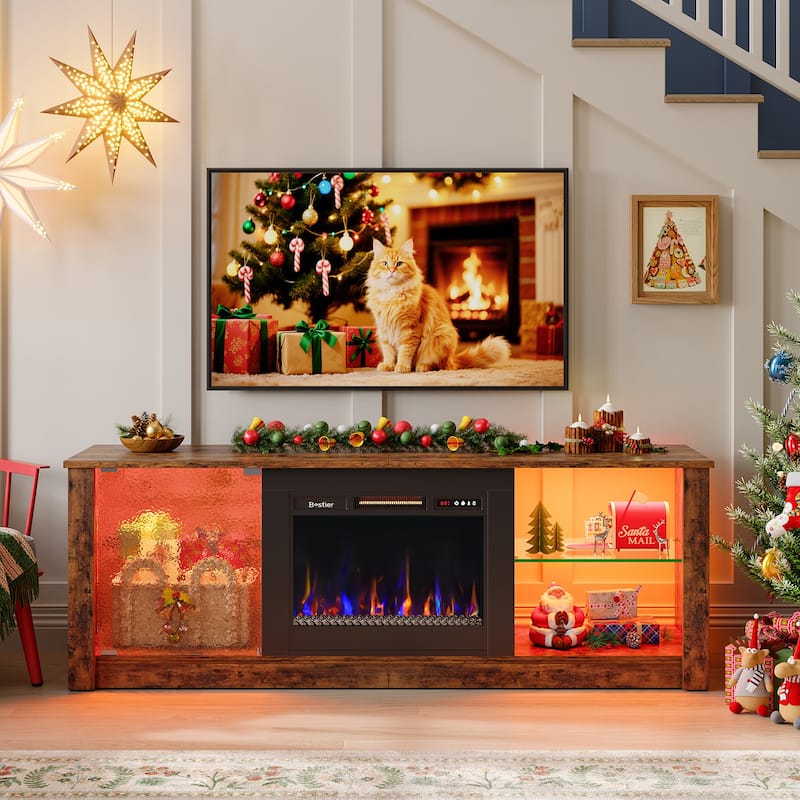 Bestier Fireplace TV Stand with 23" Electric Fireplace for TVs Up to 70 inch, LED Entertainment Center with Adjustable Shelf - Brown
