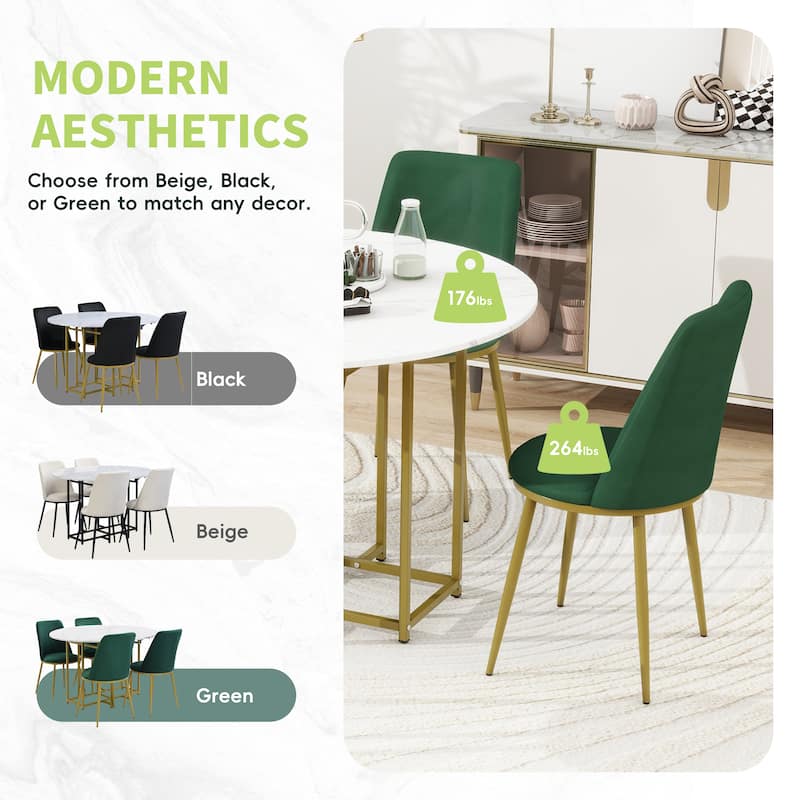 5-Piece Extendable Kitchen Dining Table Set, Round Faux Marble Top with Golden Frame and 4 Upholstered Chairs