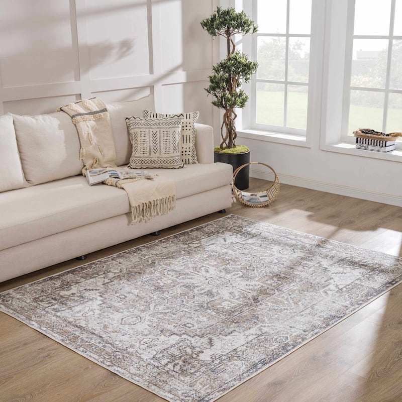 Hauteloom Manhattan Machine Washable Oriental Persian Medallion Vintage Distressed Area Rug - 7'10" x 10' - Blue, Brown, Tan, Off White, Cream