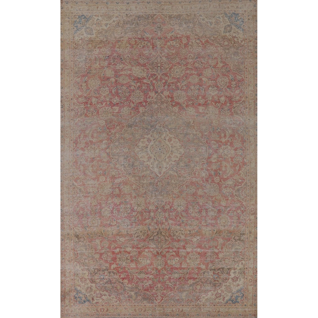 Floral Medallion Mashad Persian Vintage Area Rug Handmade Wool Carpet - 6'9"x 10'10"