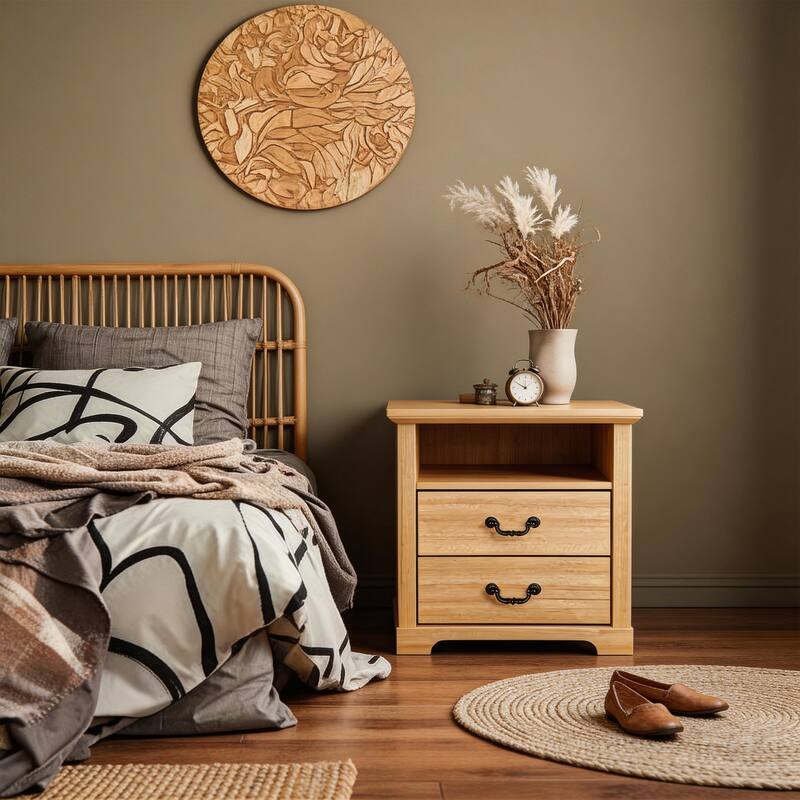 Rustic Natural Nightstands with Open Shelf and 2 Drawers
