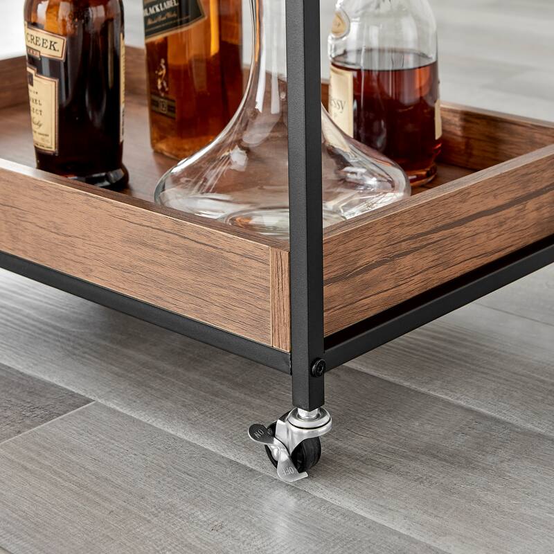 Rustic Walnut Veneer and Metal Rolling Farmhouse Wine Bar Cart with Wine Bottle and Glass Rack
