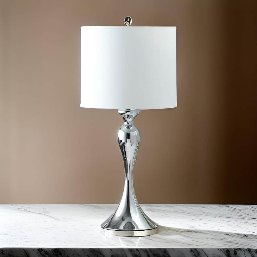 Omi 25 Inch Table Lamp, Drum White Shade, Sleek Slender Modern Chrome Body