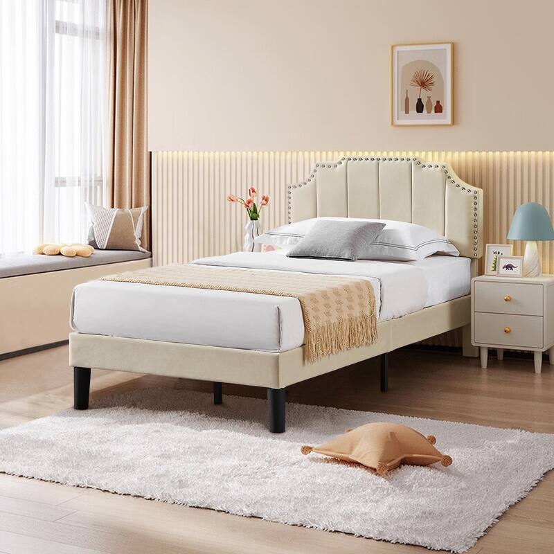 Javlergo Upholstered Platform Bed Frame with Nailhead Trimmed Adjustable Height Headboard, No Box Spring Needed