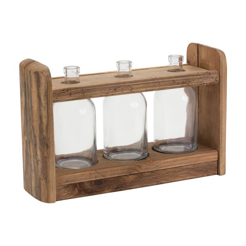 10" Clear And Brown Glass And Wood Three Bottle Table Vase - 15.00