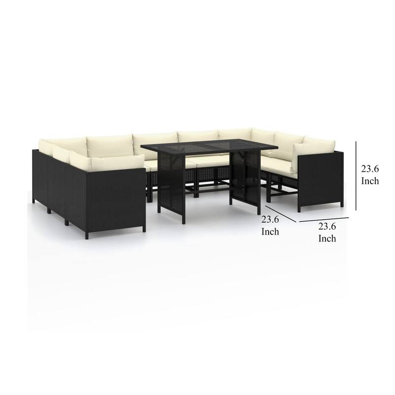 10pc Outdoor Sofa Set, White Cushions, 9 Modular Chairs, Table, Black