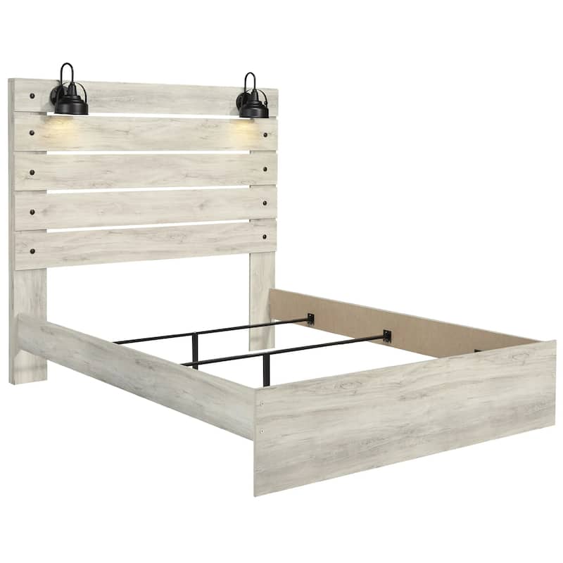 Cemy Queen Size Bed, Open Slat Headboard w 2 Sconce Lights, Whitewash