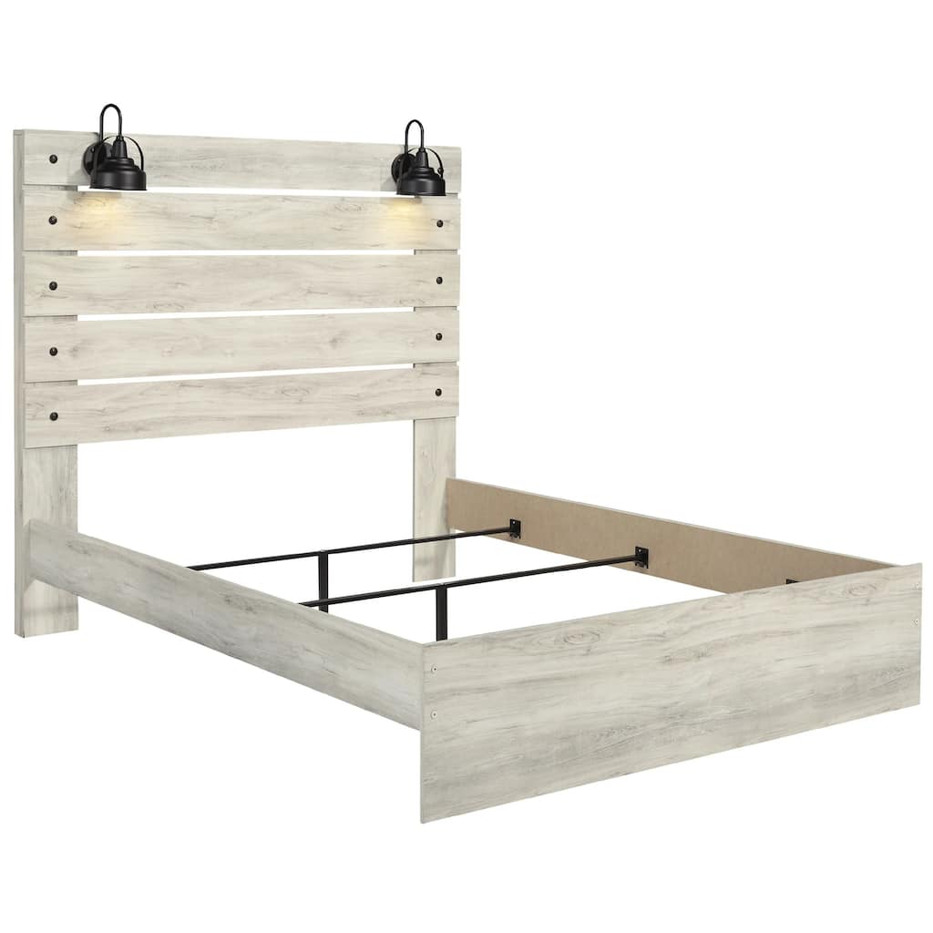 Cemy Queen Size Bed, Open Slat Headboard w 2 Sconce Lights, Whitewash