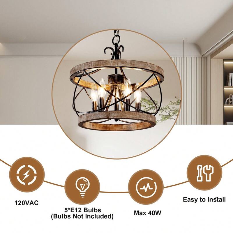 Cusp Barn 15.7 Inch Farmhouse Drum Wood Chandelier, 5-Light Rustic Over Table Chandelier Light Fixtures for Kitchen Island Foyer