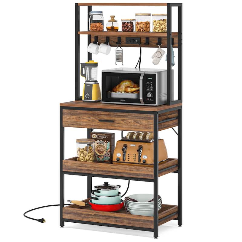 5-Tier Kitchen Bakers Rack with 4 Power & USB Outlets, Microwave Stand with Drawers and Shelves