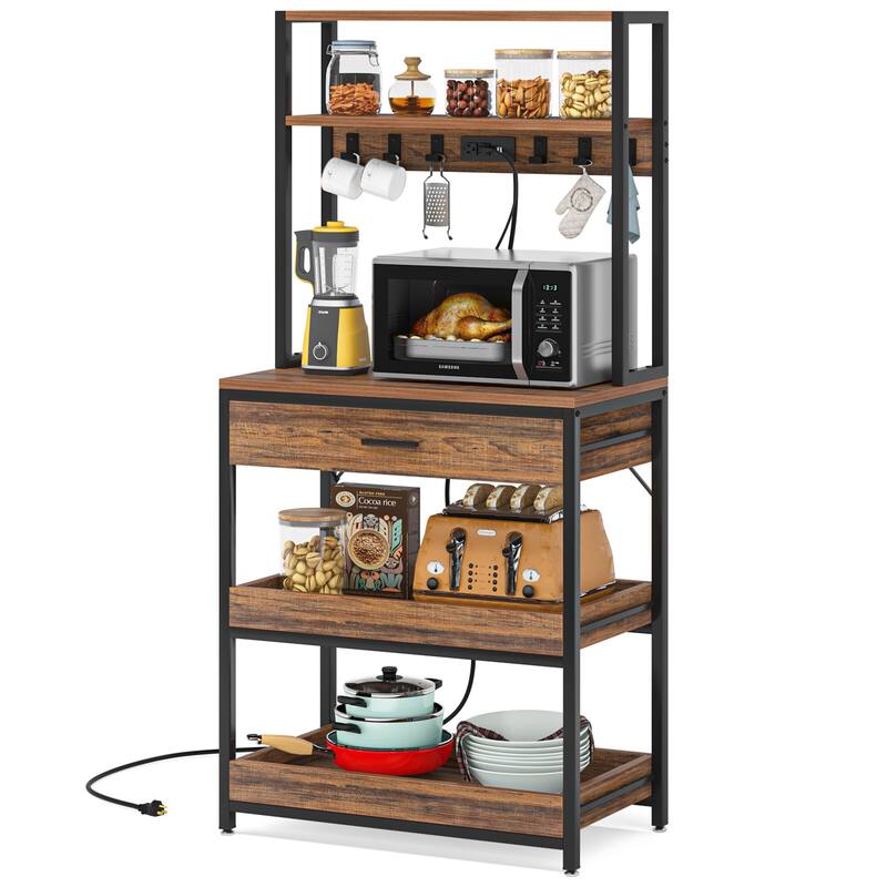 Kitchen Bakers Rack with Power Outlets, High Utility Storage Shelves Microwave Stand with Drawers - Rustic Brown