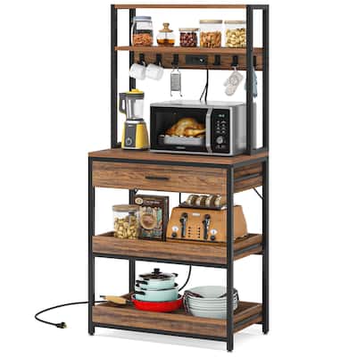 Kitchen Bakers Rack with Power Outlets, High Utility Storage Shelves Microwave Stand with Drawers