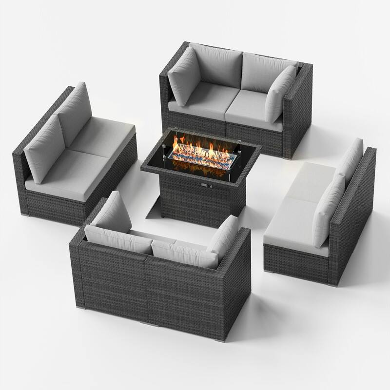 9-Piece Outdoor Wicker Patio Sectional Conversation Set with Fire Pit - Silver