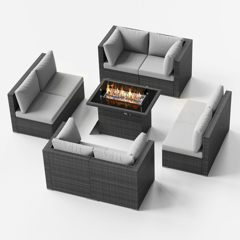 9-Piece Outdoor Modular Sectional Wicker Patio Conversation Set with CSA Fire Pit, Cushion