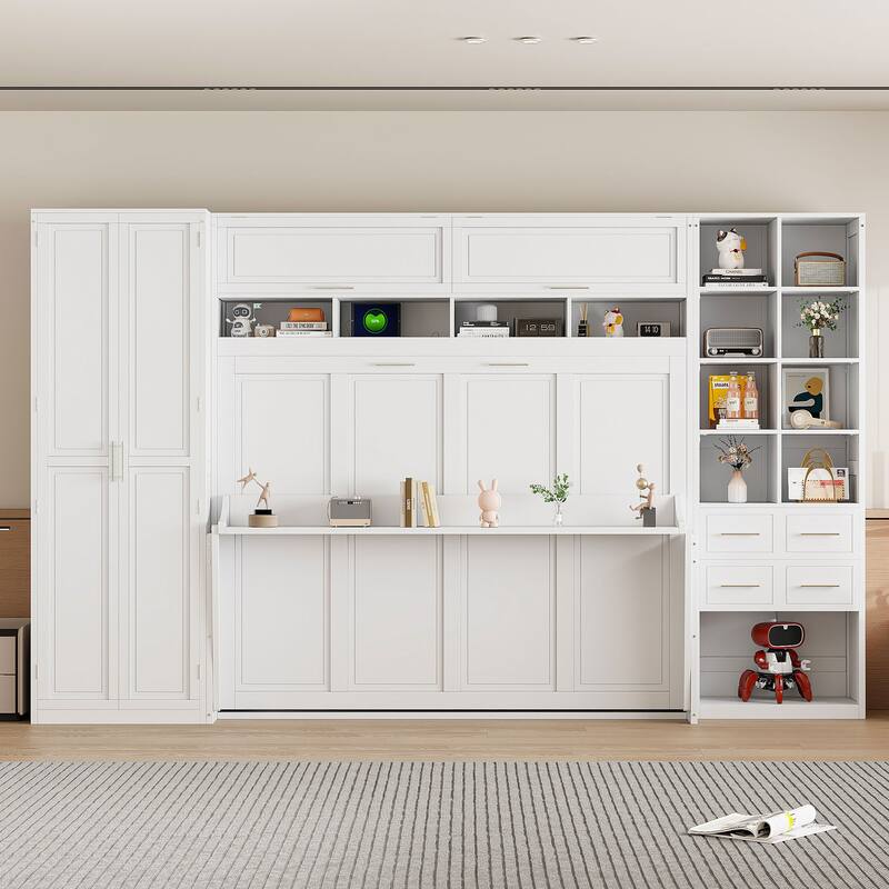 Queen Size Murphy Bed with Side Wardrobe & Flip Design, Foldable Wooden Wall Bed with Storage Drawers & Shelf for Home Office