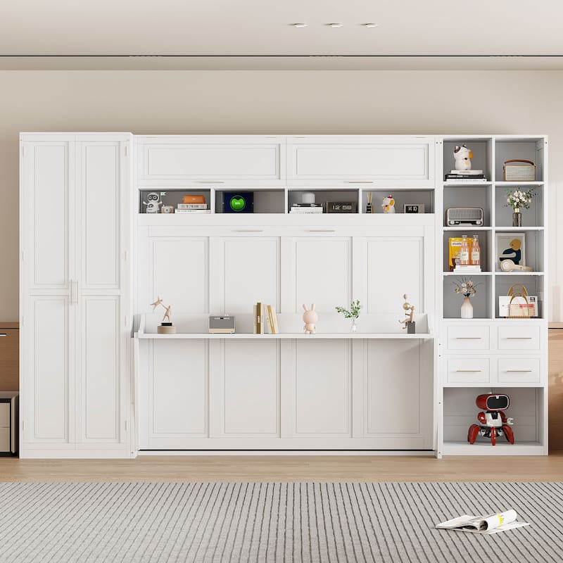 Space-Saving Queen Murphy Bed with Built-in Closet, Drawers and Shelves in White/Gray - White