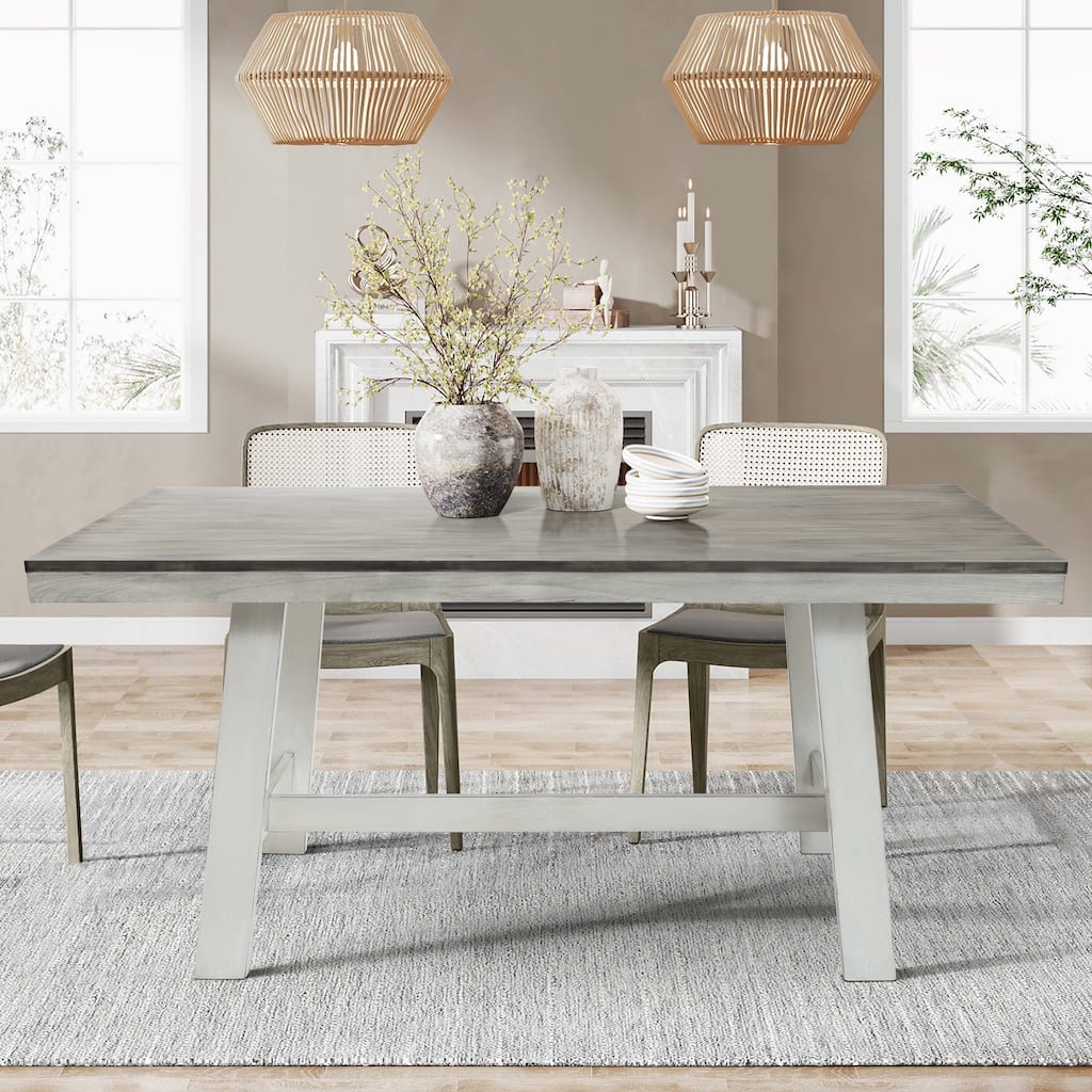 64.5" Rectangular Distressed Off White and Rubberwood Dining Table - 29.25" H x 64.57" W x 35.43" D