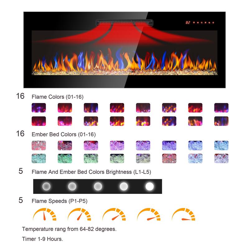 36-Inch Electric Fireplace, Recessed or Wall-Mounted, with LED Light Heater, Remote, and Multi-Color Flame & Emberbed