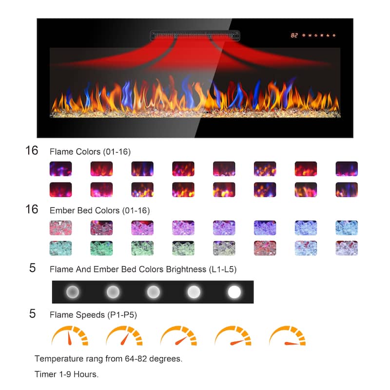 60 inch recessed tempered glass front wall mounted electric fireplace with remote,multi color flame & emberbed,LED light heater