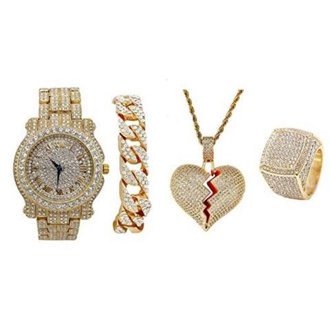 Bling Bling Broken Heart Hip Hop Pendant - Luxury Watch Covered with Crystal Clear Rhinestones - Bracelet & Bling Ring -