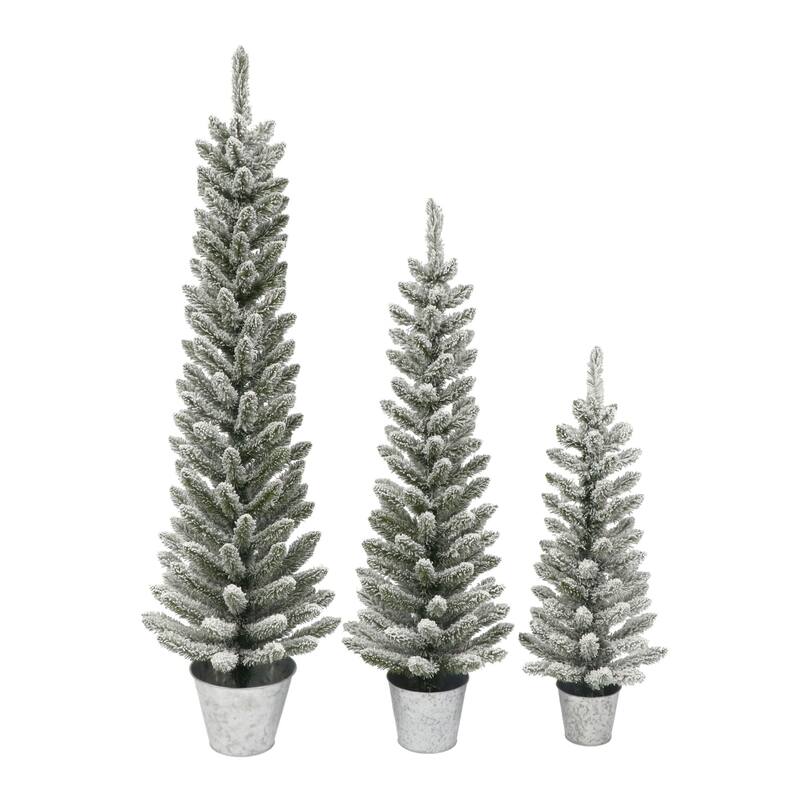 Potted Flocked Pine Pencil Artificial Christmas Tree - 5’ - Unlit - Set of 3 - 5 Foot