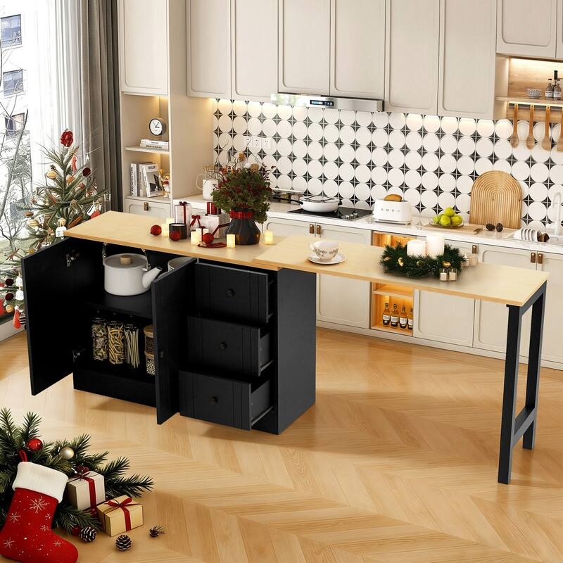 Multifunctional 89.7" Wooden Sideboard with Extendable Table and Storage for Living Room Organization - Black&Natural