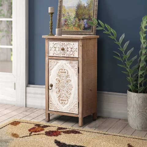 Distressed 30.125" H Floral Carved Wood 1-Door and 1-Drawer End Table with Storage - 30.13" H x 15.94" W x 12.32" D