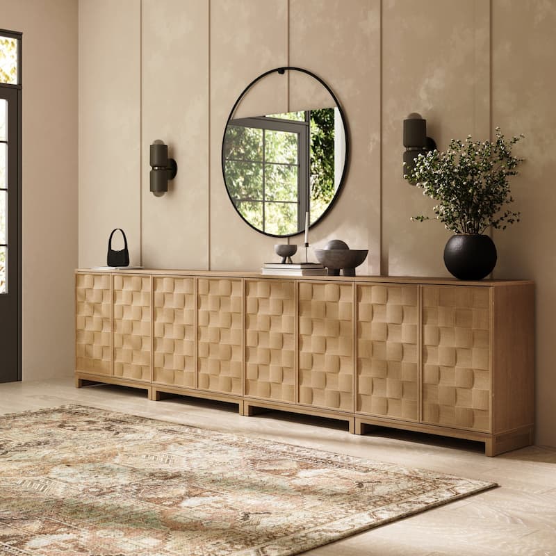 Paige Mid Century Modern Bar Cabinet Credenza, Light Wood Accent Cabinet with Sculpted Doors and Interior Adjustable Shelf - Set of 4 - Light Brown