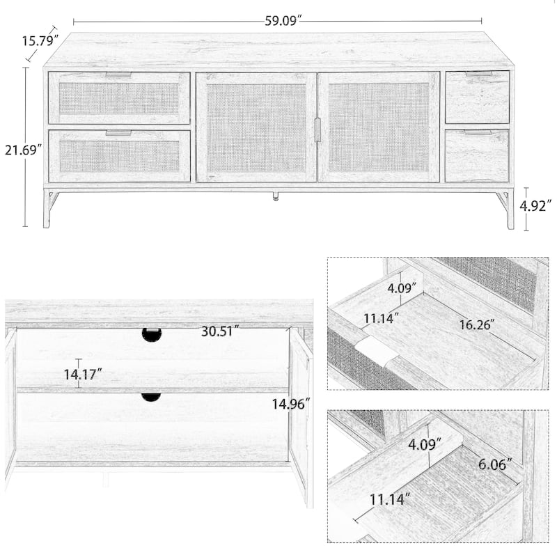 Boho Style Rattan Door TV Stand for 65'' TVs, Media Console with ...