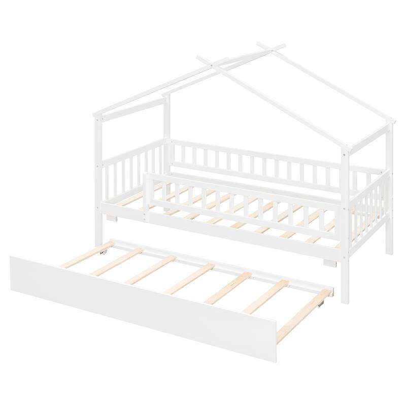 Montessori Bed House Bed with Trundle Bed and Headboard, Wood Daybed Platform Bed Frame No Box Spring Needed for Boys Girls