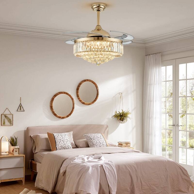 48 in. Crystal Ceiling Fan with Lights Remote Control Retractable Dimmable Fandelier Reversible LED Ceiling Fan for Bedroom