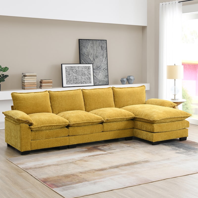 Chenille Upholstered Sectional Sofa with Chaise and Storage Pockets, 5 Seat Lounge Cloud Couch L-shaped Recliner Couches