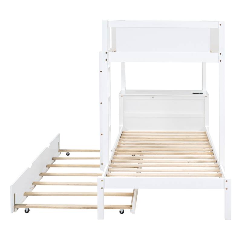 Twin-Over-Twin Bunk Bed with Trundle, Storage, Desk, USB Ports, White