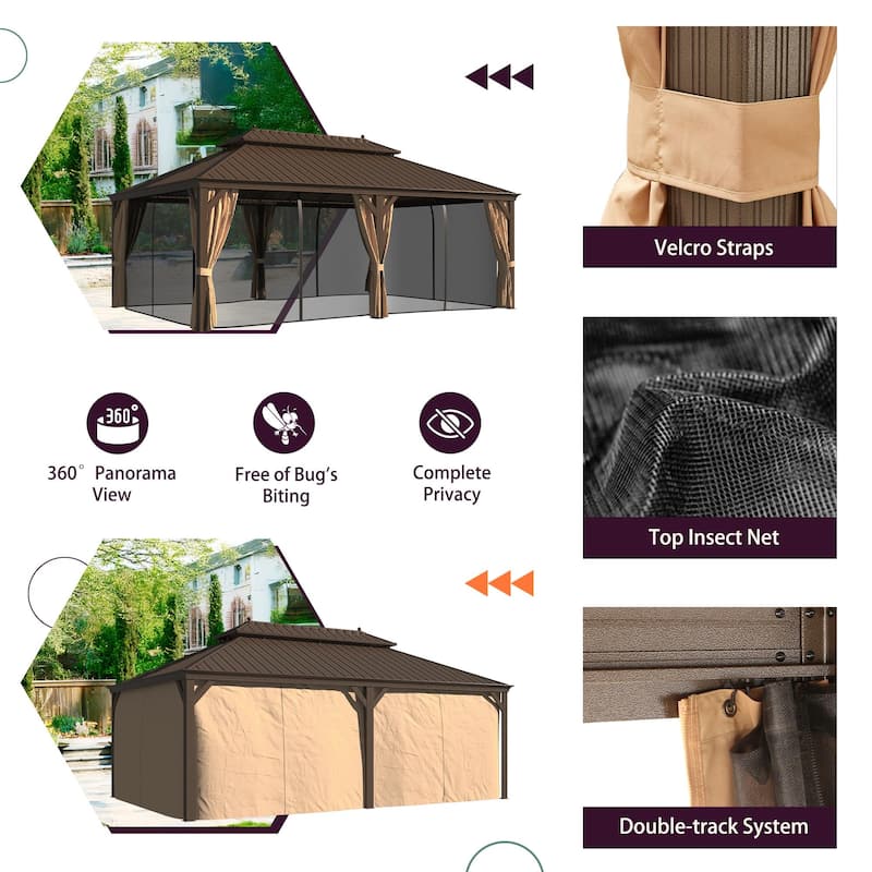 Erommy Hardtop Gazebo with Aluminum Frame and Double Roof, Permanent Outdoor Gazebo Includes Curtains&Netting for Patio Backyard
