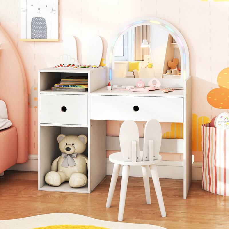 Costway Princess Bunny Makeup Table with Lighted Mirror, Open Shelves - See Details