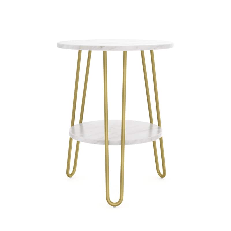 Nathan James Ashley White Round Marble End or Side Table with Brass Hairpin Legs and Storage Shelf