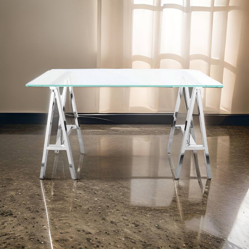 Rani 55 Inch Office Desk, Tempered Glass Top, Modern Chrome Steel Frame